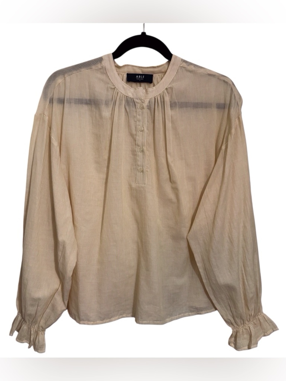 Able Size Small Yellow White Stripe Button Up Blouse Top Cotton Long Sleeve